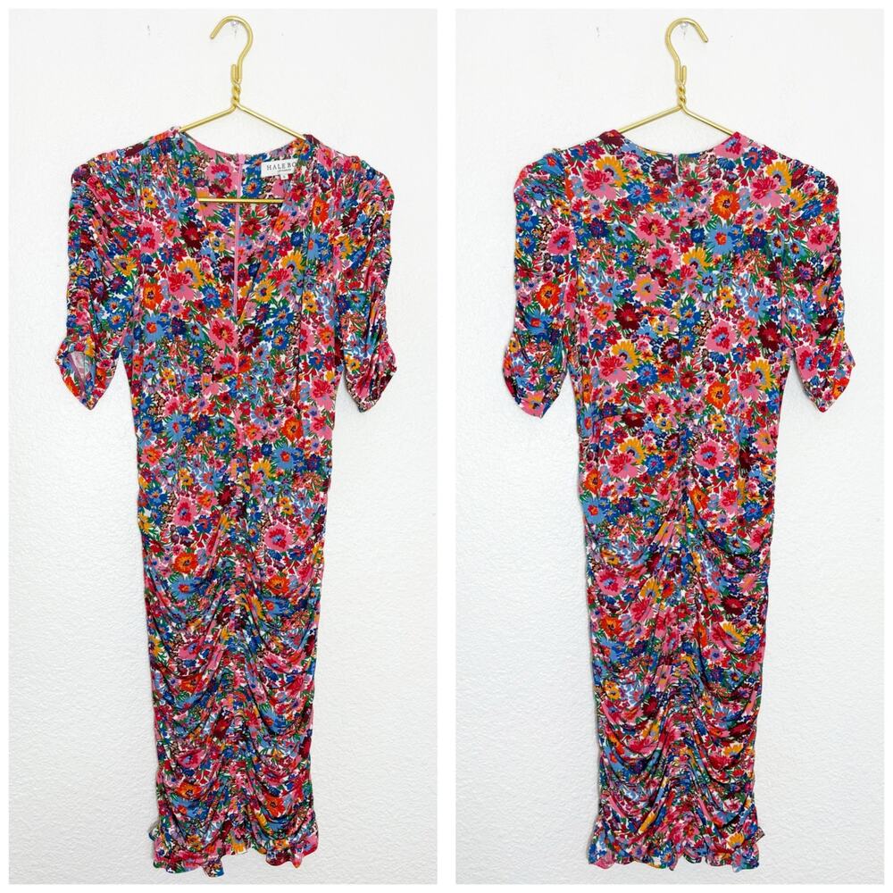 Hale Bob Floral Shirred Ruched Dress Size Small Pink Multicolor Boho Cocktail